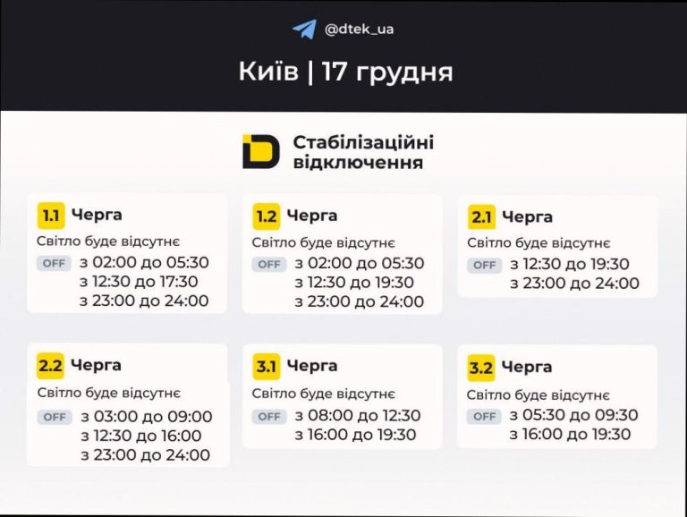 Графіки відключення світла у Києві 17 грудня 2025